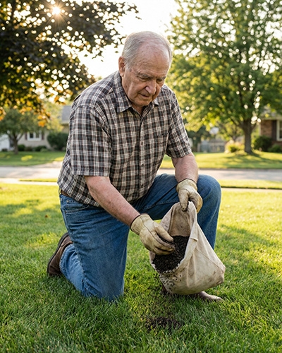 Homme répandant de l'engrais naturel sur une pelouse en automne.